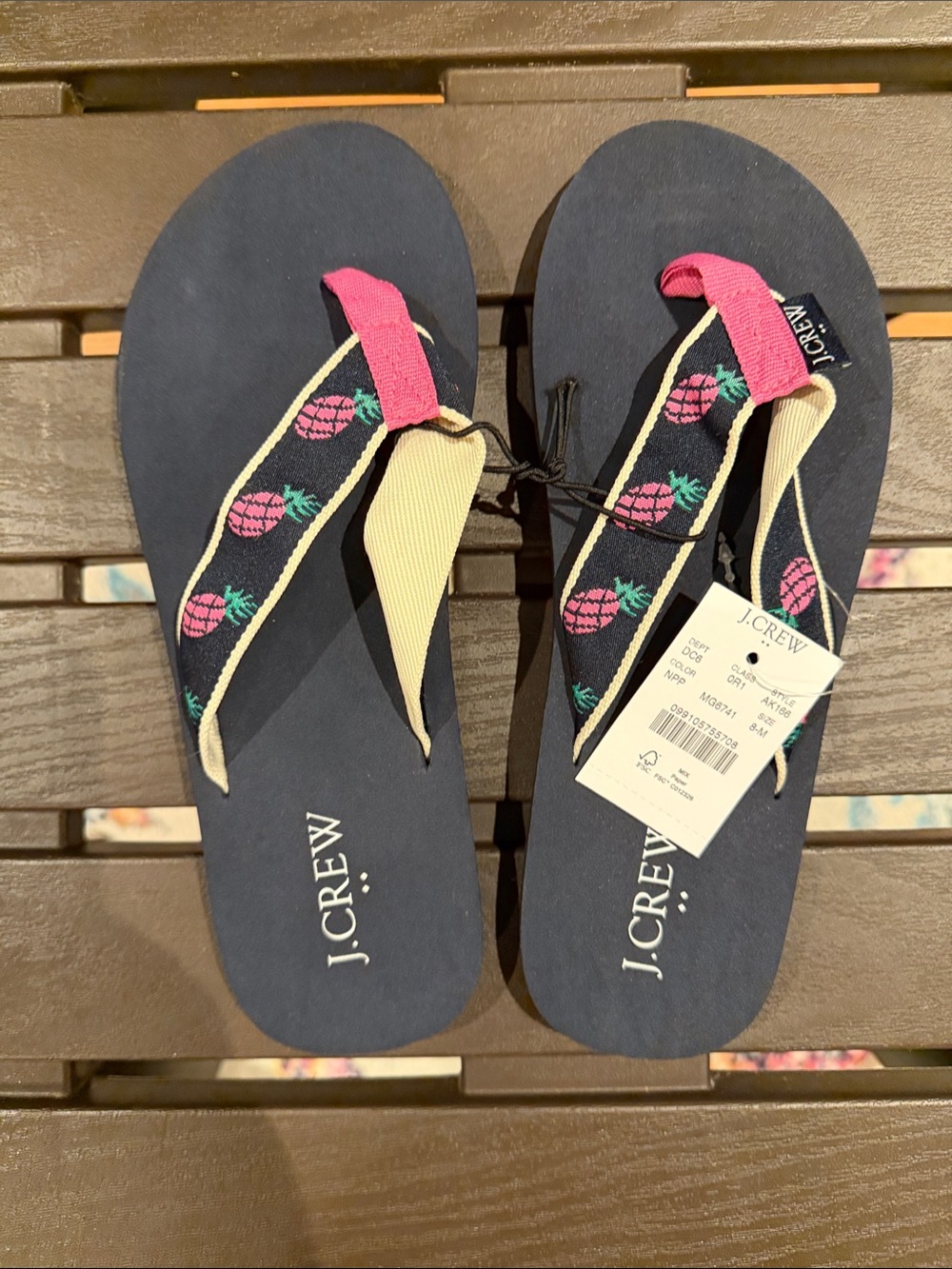 J. Crew Navy Flip Flops with Pink Pineapple Straps